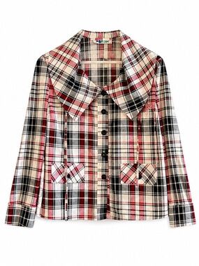 Vintage “K TEEN” White & Red Plaid Drawstring Collar Blouse –Size Large Like New